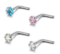 ZS 4Pcs 20G Grade 23 titanio naso anelli per le donne, 2mm 3mm CZ L a forma di naso anello perno, L Bar/L Bend naso Stud gioielli Piercing, Cristallo Strass, zirconia cubica