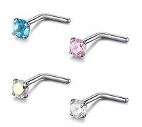 ZS 4Pcs 20G Grade 23 titanio naso anelli per le donne, 2mm 3mm CZ L a forma di naso anello perno, L Bar/L Bend naso Stud gioielli Piercing, Cristallo Strass, zirconia cubica