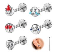 ZS 5 piercing per labret con filettatura interna da 16 G, in acciaio inox, con retro piatto, per donne e uomini, con faccina sorridente, teschio, cuore, trago, elice, cartilagine, 6mm, Acciaio