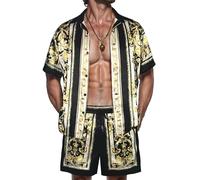 ZSJR Set di camicie hawaiane da uomo, in raso di seta, casual, con bottoni, 2 pezzi, abbigliamento estivo da spiaggia per uomo, Oro Barocco, S