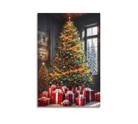 ZSLYMX Poster natalizio con luci, albero di Natale e presente nell'angolo, decorativo per camera da letto, soggiorno o ufficio, 30,5 x 45 cm