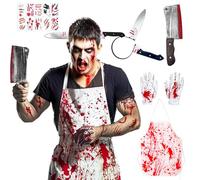 ZSOPN Costume da macellaio da uomo, costume da macellaio da uomo e da donna, grembiule da macellaio con coltello per Halloween, ascia nella testa e 10 tatuaggi cicatrici
