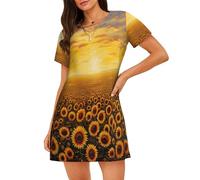 ZSOSIXDEAL Camicia da notte da donna a maniche corte, con stampa di girasole, tramonto e mare di fiori, comoda e morbida per il tempo libero, Nero , XXL