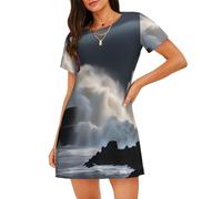 ZSOSIXDEAL Camicia da notte da donna a maniche corte con stampa faro in tempesta, comoda e morbida per il tempo libero, Nero , M