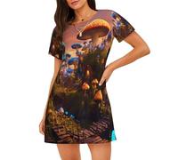 ZSOSIXDEAL Camicia da notte da donna con stampa a fungo magico, a maniche corte, comoda e morbida per il tempo libero, Nero , L