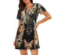 ZSOSIXDEAL Camicia da notte da donna con stampa di gatto, a maniche corte, comoda e morbida per il tempo libero, Nero , S