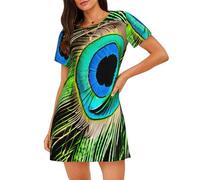 ZSOSIXDEAL Camicia da notte da donna con stampa di piume di pavone, a maniche corte, comoda e morbida per il tempo libero, Nero , 3XL