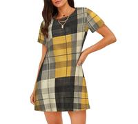 ZSOSIXDEAL Camicia da notte da donna con stampa scozzese gialla grigia nera a maniche corte, comoda e morbida per loungewear camicia da notte per le donne, Nero , L