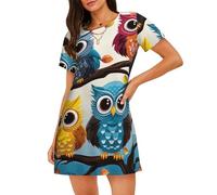 ZSOSIXDEAL Camicia da notte da donna in cotone morbido a maniche corte con gufi sui rami degli alberi camicia da notte camicia da notte camicia da notte camicia da notte per le donne, Nero , L