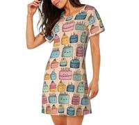 ZSOSIXDEAL Camicie da notte in bianco e nero con stampa pied de poule per le donne camicie da notte a maniche corte per dormire camicia da notte camicia da notte per le donne, Torta di Compleanno (3