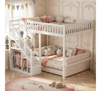 ZSSWSS Letto a Soppalco 90x200 per Bambini con Scala Contenitore e Armadio, Letto a Castello in Legno Massello con Protezione Anticaduta, Letto Rialzato Salvaspazio per Cameretta, Bianco
