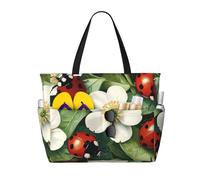 ZSUUGJ Borsa da spiaggia con foglie e coccinelle, extra large, con tasche con cerniera, impermeabile, a prova di sabbia, per piscina, picnic, palestra e viaggi