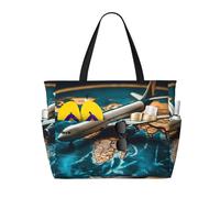 ZSUUGJ Borsa da spiaggia con mappa del mondo in aereo, extra large, con tasche con cerniera, impermeabile, a prova di sabbia, per piscina, picnic, palestra e viaggi