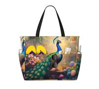 ZSUUGJ Peacock In Flowers Borsa da spiaggia extra large con tasche con cerniera - Borsa impermeabile a prova di sabbia per piscina, picnic, palestra e viaggi