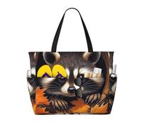 ZSUUGJ Raccoon In The Fall Tree Hole Extra Large Beach Tote Bag con tasche con cerniera - Borsa da vacanza impermeabile a prova di sabbia per piscina, picnic, palestra e viaggi