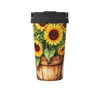 ZSUUGJ Tazza da viaggio portatile in acciaio inossidabile con girasole e farfalla - Bicchiere termico per bevande calde e fredde con coperchio a prova di perdite, tazza da caffè adatta per pendolari
