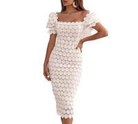 ZSWXF Vestito Estivo da Donna, Abito Casual in Pizzo, Abito Aderente, Aderente, a Maniche Corte, Attillato, Lungo ed Elegante, Lunghezza al Ginocchio.,Bianca,S