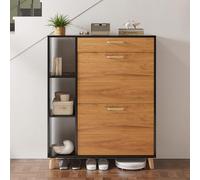 Ztexkee Scarpiera Salvaspazio Slim Scaffali portascarpe con 1 cassetto e 3 scomparti Scarpiera a 2 ante con 4 gambe in legno massello Può contenere 12-16 paia di scarpe 80x24x101cm Nero e arancione