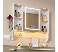 Ztexkee Specchio bagno Contenitore con illuminazione e anti-appannamento, con orologio e indicatore di temperatura, presa, portasciugamani, supporto per asciugacapelli e 7 scomparti, 90x80x16 cm