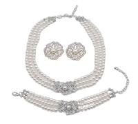 Zthread Set di gioielli da sposa con perle vintage, collana multistrato, orecchini, bracciale per sposa, accessori alla moda eleganti da donna, 3-Piece, Cristallo, Cristallo