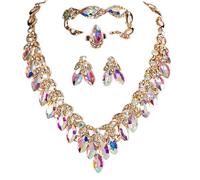 Zthread Set di gioielli da sposa con strass di cristallo, 4 pezzi, collana, orecchini, braccialetto, anello, design floreale, One Sine, Cristallo, Cristallo
