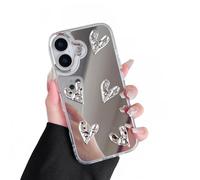 ZTOFERA Custodia protettiva per iPhone 17 da, trasparente con specchio per il trucco con motivo cuori 3D argentato, flessibile, antiurto, antigraffio, custodia protettiva - 5 cuor