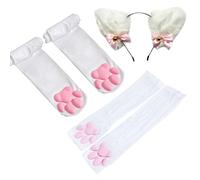 ztowoto Cute Cat Paw Pad Calze alte alla coscia, Pink 3D Kitten Claw Mittens Guanti lunghi senza dita per ragazze Donne Lolita Cat Cosplay (Bianco-1)