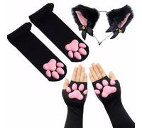 ztowoto Cute Cat Paw Pad Calze alte alla coscia, Pink 3D Kitten Claw Mittens Guanti lunghi senza dita per ragazze Donne Lolita Cat Cosplay (Nero-1)