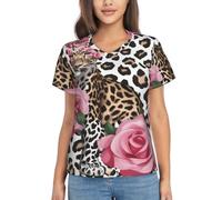 ZTPOWQA Top estivi da donna con stampa leopardata rosa rossa, casual ma elegante, in poliestere a maniche corte, Nero , S