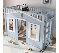 Zubaliya Hochbett 90 x 200 cm, Kinderbett 90 x 200 cm, Platz Unter dem Bett für Flexible Gestaltung, Schöne Fenstergestaltung, Sichere und stabile Leiter, Kiefer + MDF + Sperrholz, Blau