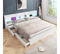 Zubaliya Letto 180 x 200 cm con rete a doghe con LED e USB, letto baule 180 x 200 con 2 comodini, telaio letto matrimoniale con cassetto portaoggetti, in legno, bianco, senza materasso