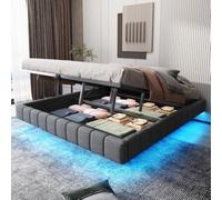 Zubaliya Letto 180 x 200 con rete a doghe con LED, letto baule 180 x 200, telaio letto 2 persone galleggiante idraulico con spazio di archiviazione, multifunzionale, senza testiera, lino grigio