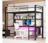 Zubaliya Letto a castello 1 posto con scrivania, LED e USB, 90 x 200 cm, rete, guardia corpo, scaletta e scaffale a più livelli