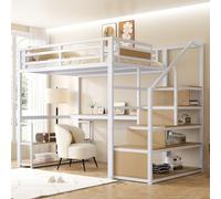 Zubaliya Letto a castello adulto 140 x 200 cm con ripiani e tavolo, letto a soppalco 1 posto in metallo con scala di stoccaggio, letto per bambini con deposito, alto in ferro per un supporto stabile