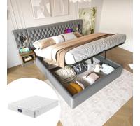 Zubaliya Letto baule 180 x 200 cm con 2 comodini, letto matrimoniale imbottito, telaio letto adulto con lettore e caricatore USB, 2 persone con stoccaggio, velluto, grigio, velluto (senza materasso)