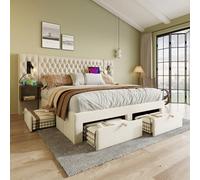 Zubaliya Letto baule da 160 a 200 cm con 2 comodini e 4 cassetti,letto matrimoniale imbottito,telaio letto per adulti con lettore e caricatore USB, 2 persone con stoccaggio, velluto, beige (materasso