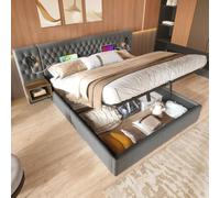 Zubaliya Letto baule da 160 a 200 cm con 2 comodini, letto matrimoniale imbottito, telaio per letto per adulti con lettore e caricatore USB, 2 persone con stoccaggio, velluto, grigio, velluto (senza