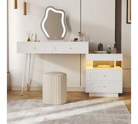 Zubaliya Tavolo da toeletta 140 × 40 × 130 cm, con specchio a LED e illuminazione, set da toeletta, con 4 cassetti e 1 vano portaoggetti aperto, bianco (tabù non incluso)