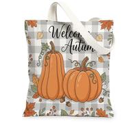 Zucca Canvas Tote Bag per le donne, autunno foglie rustiche ghianda autunno arancione lavabile riutilizzabile estetica borsa per lo shopping B, Arancione, 13x15 Inch