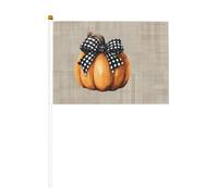 Zucca con un fiocco a scacchi bianco e nero piccole bandiere tenute in mano, mini bandiere su bastone per feste, attività di squadra, sfilate, decorazione per le vacanze, confezione da 10