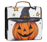 Zucca di Halloween con cappello da strega e stelle 3,8 cm 3 anelli raccoglitore organizer con tracolla e manico, include tasca con cerniera, borsa portatile per casa e viaggio sicuro per la scuola