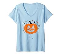Zucca di Halloween Spettrale Divertimento per Festiveing, Maglietta con Collo a V, Donna, Celeste, S