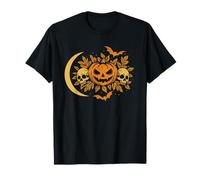 Zucca Teschi Halloween Luna Pipistrelli Foglie Autunnali Maglietta