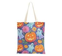Zucche e fantasmi di Halloween con fiori Borsa tote in tela di media grande capacità con tasche per palestra, lavoro, shopping, 40,6 x 38,1 cm, essenziale per la scuola
