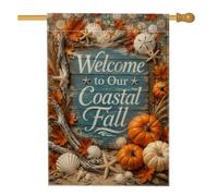 Zucche House Flag, Coastal Rustic Seashell Leaf Fall Orange juta double face grande bandiera da giardino per esterni, patio, cortile, prato, ingresso, balcone, 71 x 101 cm