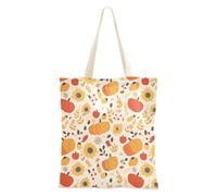 Zucche luminose su uno sfondo marrone leggero cotone Tote Bags per le donne regali di Natale con tasche, Motivo autunnale di zucche con girasoli, Taglia unica