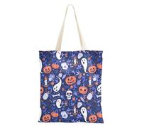 Zucche luminose su uno sfondo marrone leggero cotone Tote Bags per le donne regali di Natale con tasche, Hallowmas Ognissanti Modello Blu, Taglia unica