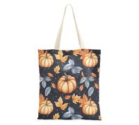Zucche luminose su uno sfondo marrone leggero cotone Tote Bags per le donne regali di Natale con tasche, Zucche di Halloween e foglie d'autunno, Taglia unica