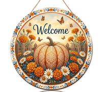 Zucche segno di benvenuto per porta d'ingresso, rustico, fantasioso, calendula, crisantemo, autunno, in legno arancione, cartello di benvenuto a casa per porta d'ingresso, decorazione per porta di