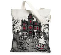 Zucche Tote Bag Canvas Tote Bag, gotico spettrale scheletro stregato casa stregata Halloween nero shopping bag 33 x 38 cm